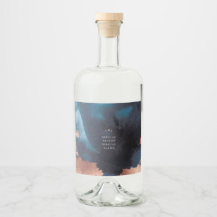 Watercolor Navy Blue Moody Rose Gold Wedding Liquor Bottle Label