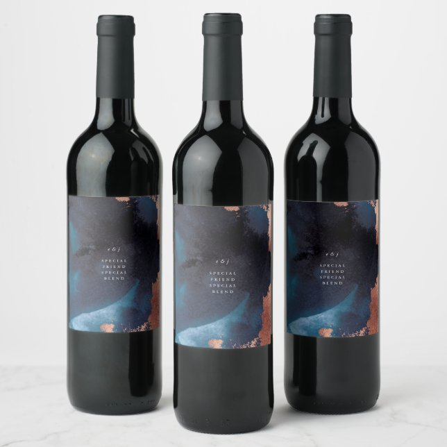 Watercolor Navy Blue Moody Rose Gold Wedding Wine Label (Bottles)