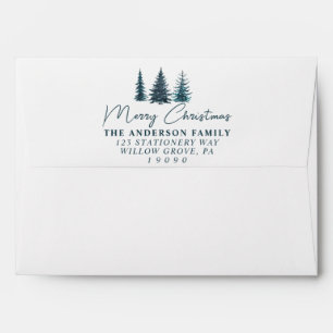 Watercolor Navy Blue Pine Trees Merry Christmas    Envelope
