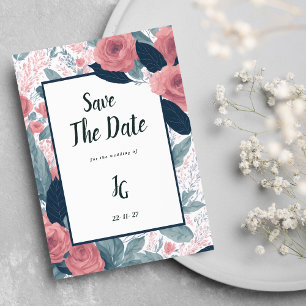 Watercolor navy blue pink floral Save The Date Invitation