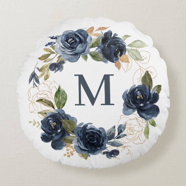 Watercolor Navy Blue Roses Wreath Gold Monogram Round Pillow (Front)