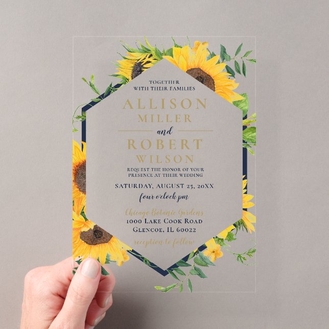 Watercolor Navy Blue Sunflower Rustic Wedding Acrylic Invitations (Insitu (Handheld))