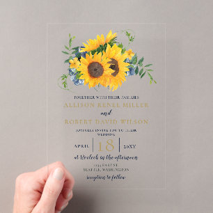 Watercolor Navy Blue Sunflower Rustic Wedding Acrylic Invitations