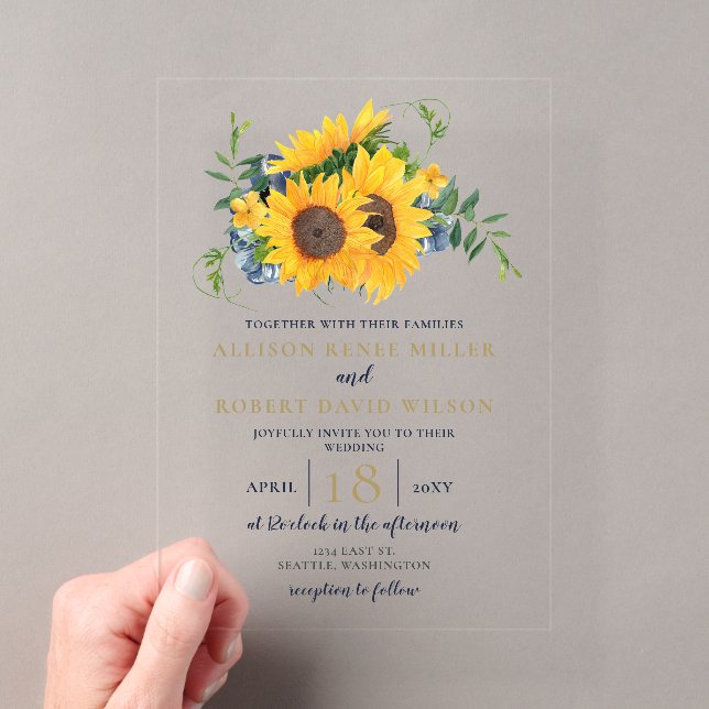 Watercolor Navy Blue Sunflower Rustic Wedding Acrylic Invitations (Insitu (Handheld))