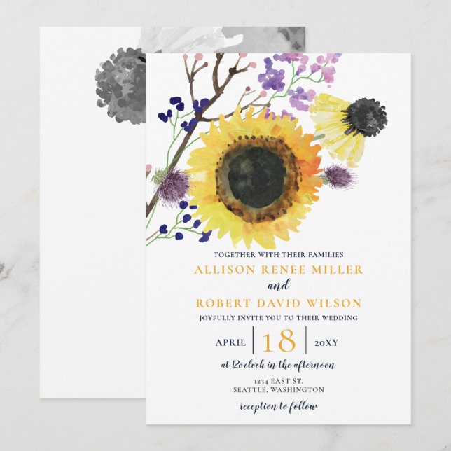 Watercolor Navy Blue Sunflower Rustic Wedding Invitation (Front/Back)
