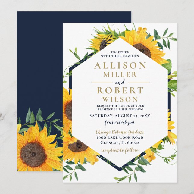 Watercolor Navy Blue Sunflower Rustic Wedding Invitation (Front/Back)