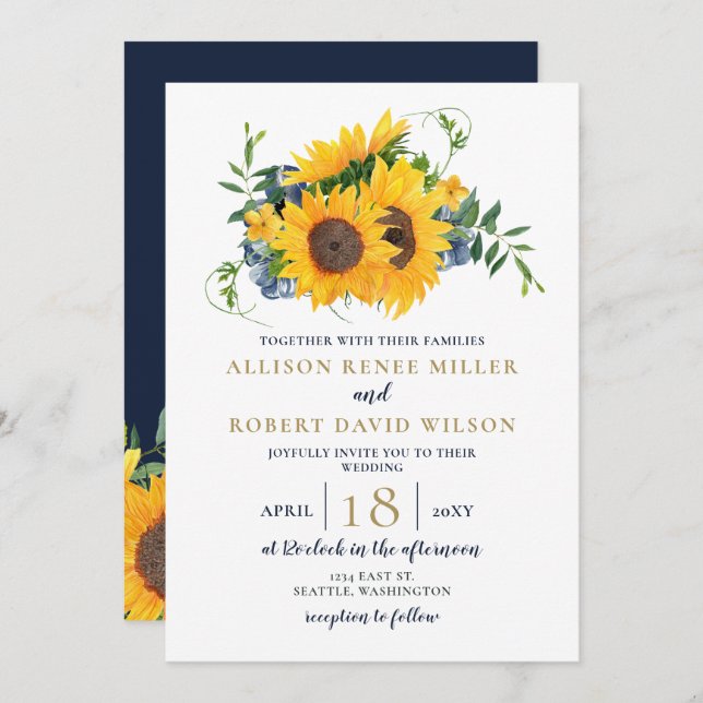 Watercolor Navy Blue Sunflower Rustic Wedding Invitation (Front/Back)
