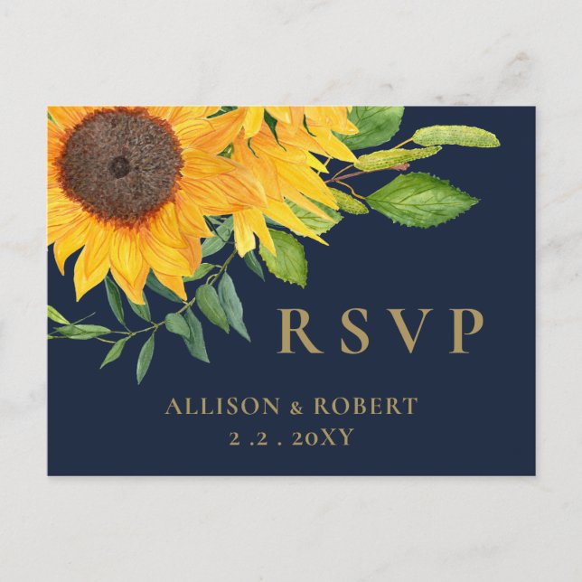 Watercolor Navy Blue Sunflower Rustic Wedding Invitation Postcard (Front)