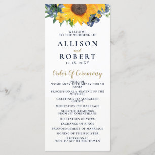 Watercolor Navy Blue Sunflower Rustic Wedding Program