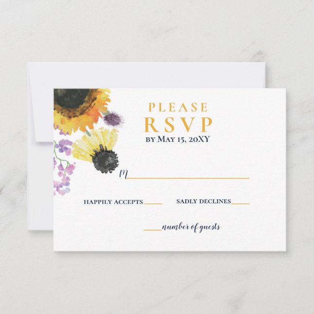 Watercolor Navy Blue Sunflower Rustic Wedding RSVP Card (Front)