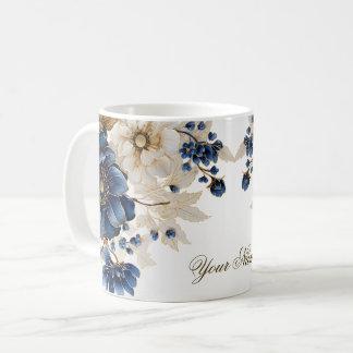 Watercolor Navy Blue White Golden Floral Silver Coffee Mug