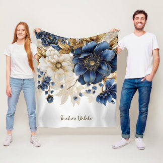 Watercolor Navy Blue White Golden Floral Silver Fleece Blanket