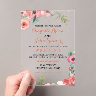Watercolor Navy Blush Floral Elegant Wedding Acrylic Invitations