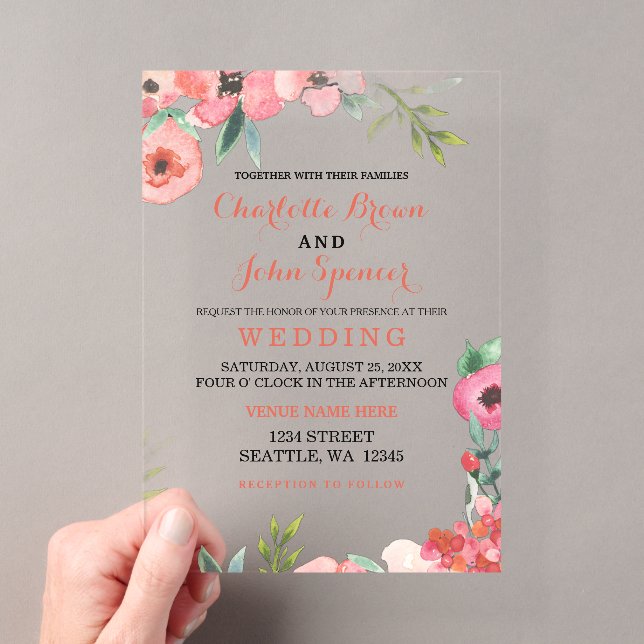 Watercolor Navy Blush Floral Elegant Wedding Acrylic Invitations (Insitu (Handheld))