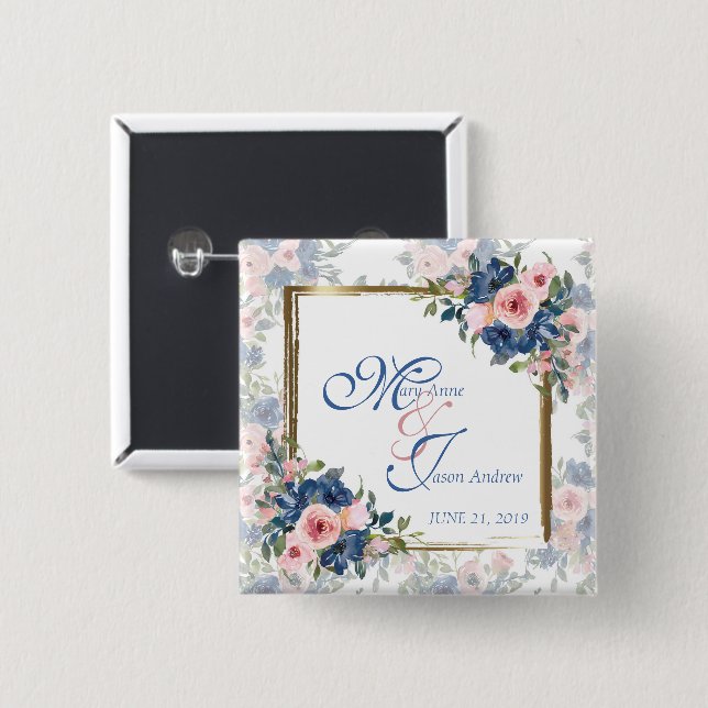Watercolor Navy & Blush Wedding 2 Inch Square Button (Front & Back)