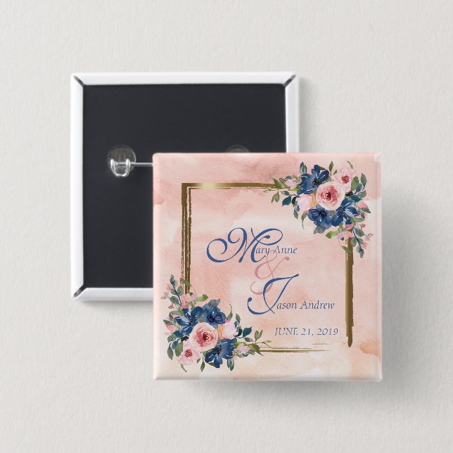 Watercolor Navy & Blush Wedding 2 Inch Square Button (Front & Back)