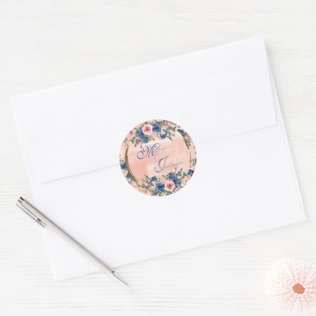 Watercolor Navy & Blush Wedding Classic Round Sticker (Envelope)