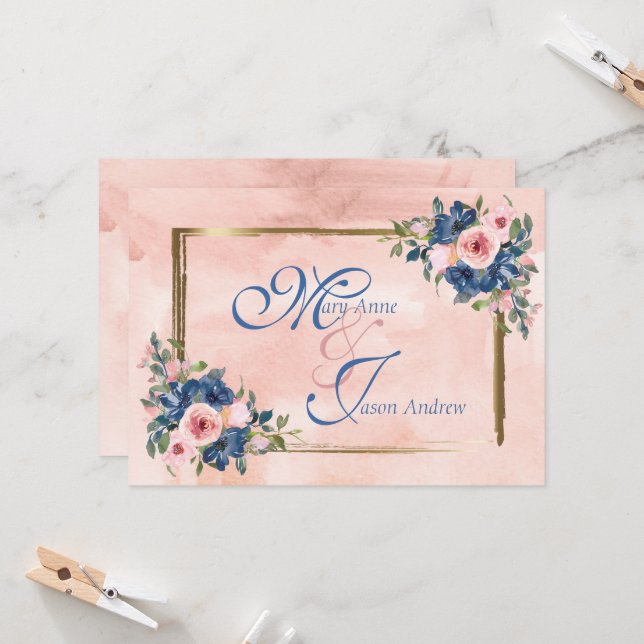 Watercolor Navy & Blush Wedding Invitation (Front/Back In Situ)