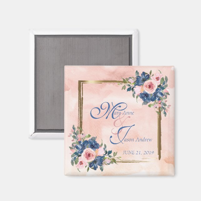 Watercolor Navy & Blush Wedding Magnet (Front/Back)