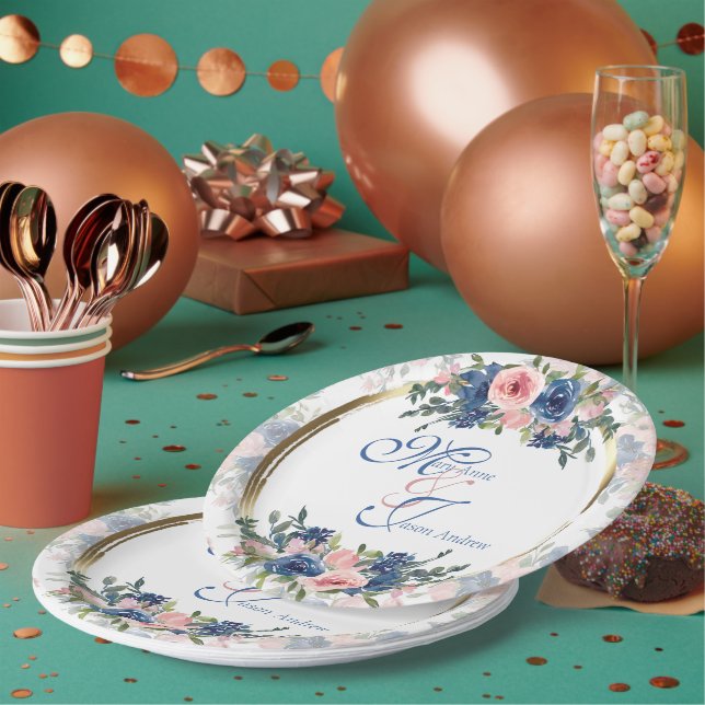 Watercolor Navy & Blush Wedding Paper Plate (Multi)