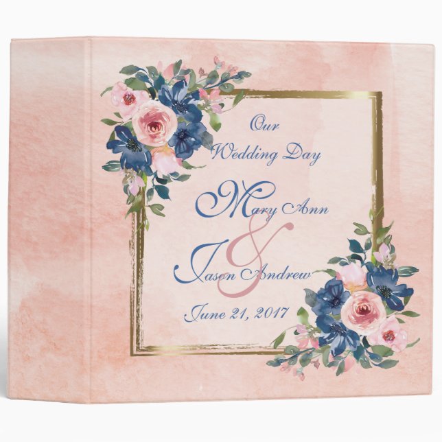 Watercolor Navy & Blush Wedding Photo Binder (Front/Spine)