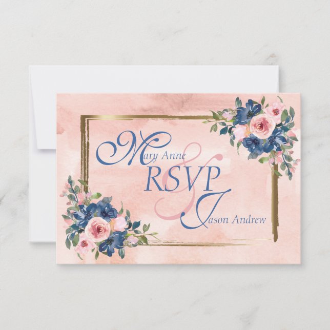 Watercolor Navy & Blush Wedding RSVP Card (Front)