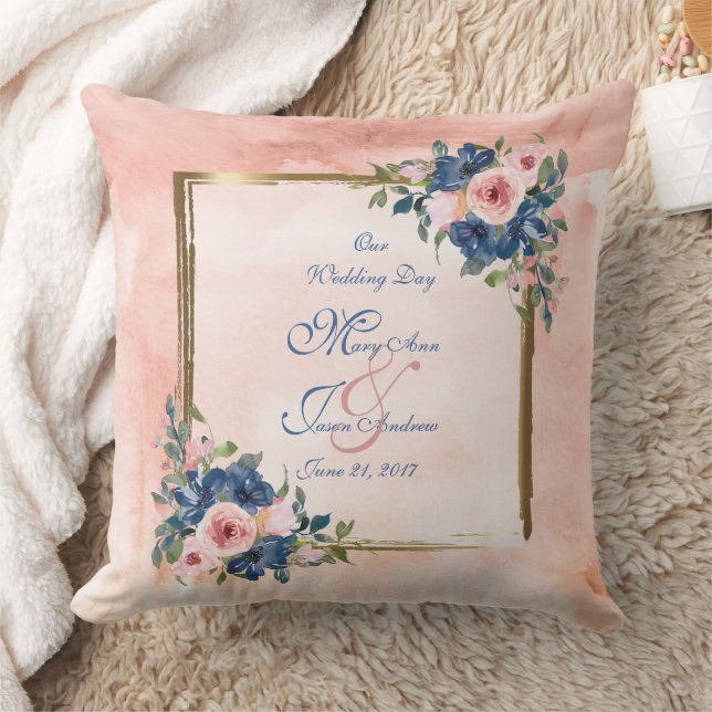 Watercolor Navy & Blush Wedding Throw Pillow (Blanket)