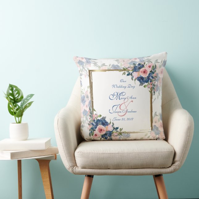 Watercolor Navy & Blush Wedding Throw Pillow (Chair)