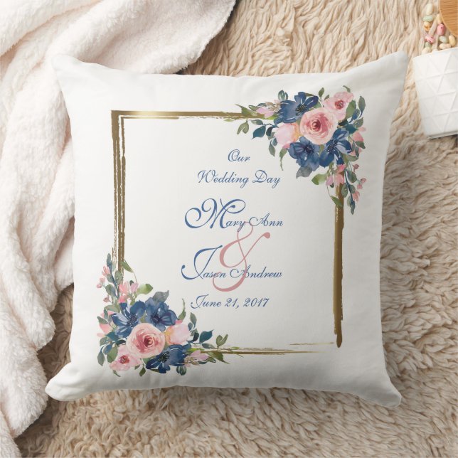 Watercolor Navy & Blush Wedding Throw Pillow (Blanket)
