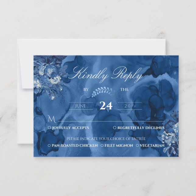 Watercolor Navy floral Elegant Kindly Reply RSVP Card (Front)