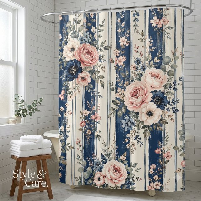 Watercolor Navy Floral Stripe Pattern Design (Watercolor Navy Floral Stripe Pattern Design Shower Curtain)