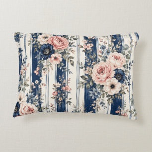 Watercolor Navy Floral Stripe Pattern Design Accent Pillow