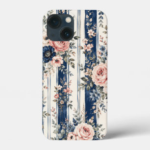 Watercolor Navy Floral Stripe Pattern Design iPhone 13 Mini Case