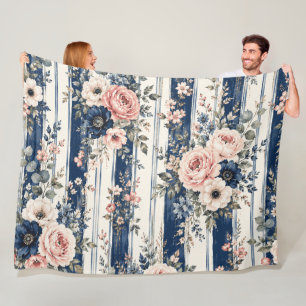 Watercolor Navy Floral Stripe Pattern Design Fleece Blanket