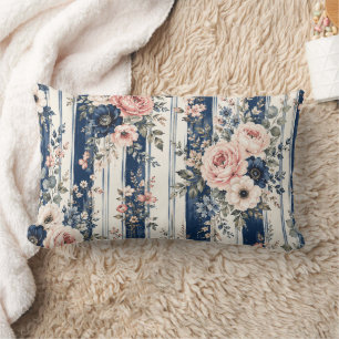 Watercolor Navy Floral Stripe Pattern Design Lumbar Pillow