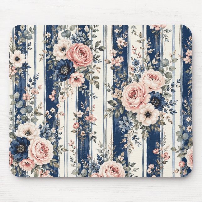 Watercolor Navy Floral Stripe Pattern Design Mouse Pad (Front)