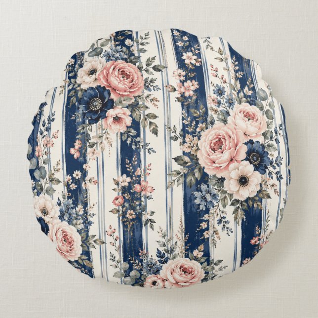 Watercolor Navy Floral Stripe Pattern Design Round Pillow (Front)