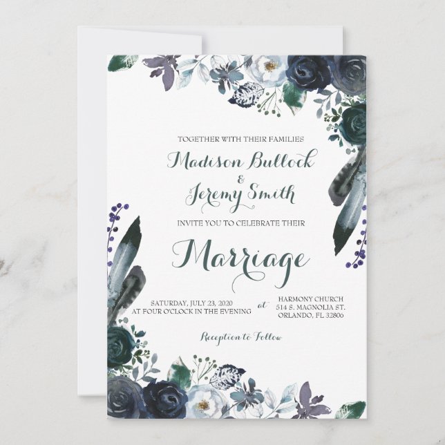 Watercolor Navy Floral Wedding Invitation (Front)