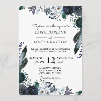 Watercolor Navy Floral Wedding Invitation