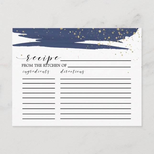 Watercolor Navy & Gold Bridal Shower Recipe Cards (Front)