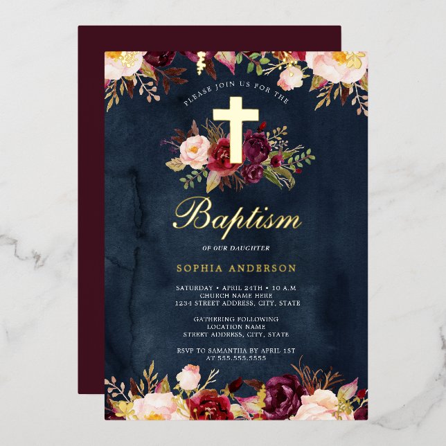 Watercolor Navy Gold Burgundy Floral Baptism  (Front/Back)