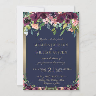 Watercolor Navy Gold Burgundy Floral Wedding Invitation