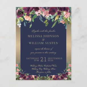 Watercolor Navy Gold Floral Wedding Invitation Postcard