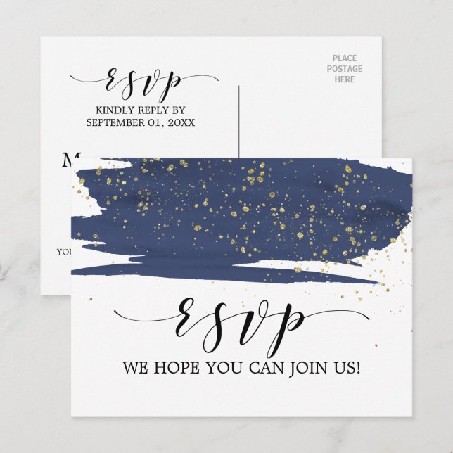 Watercolor Navy & Gold Song Request RSVP Postcard (Front/Back)