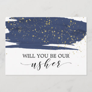 Watercolor Navy & Gold Will You Be Our Usher Invitation