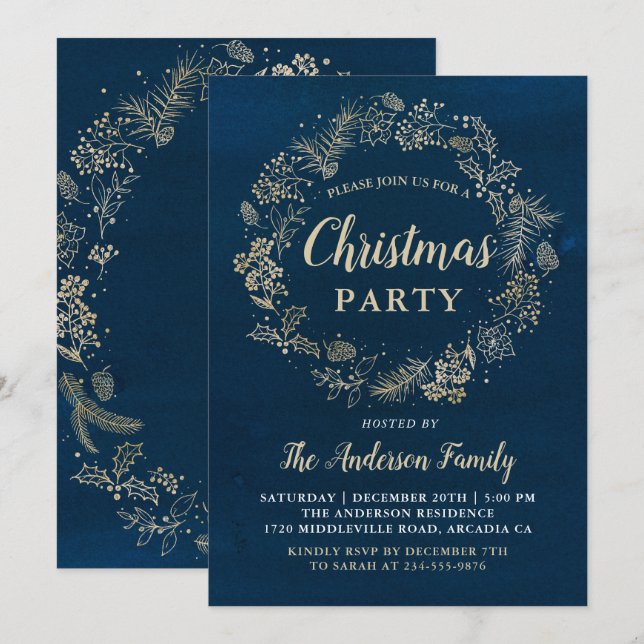 Watercolor Navy Gold Wreath Christmas Party Invitation (Front/Back)