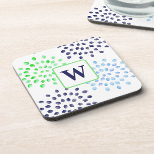 Watercolor Navy Green Blue Flower Monogram Coaster