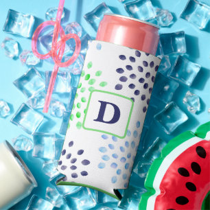 Watercolor Navy Green Blue Mum Flower Monogram Seltzer Can Cooler