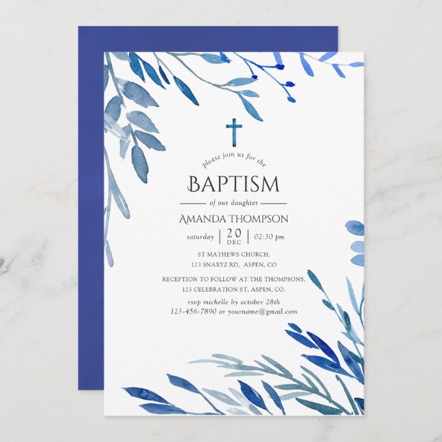 Watercolor Navy Indigo Leaves Baptism Invitation (Front/Back)