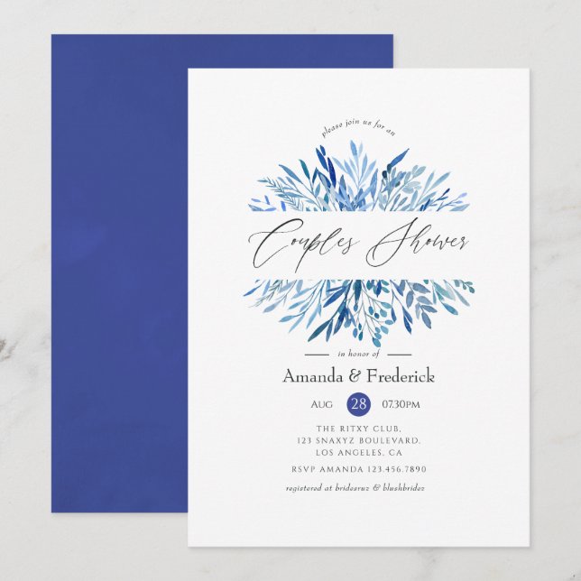 Watercolor Navy Indigo Leaves Couples Shower Invitation (Front/Back)